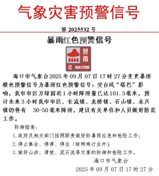 海口发布暴雨红色预警