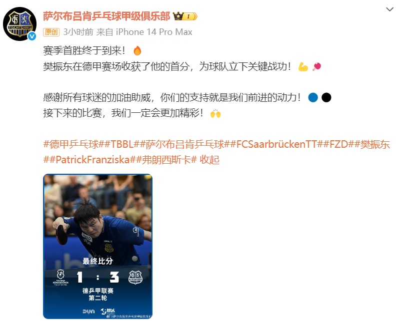 俱乐部发文：樊振东立下关键战功