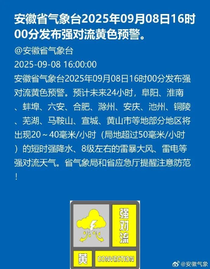 安徽发布强对流黄色预警！