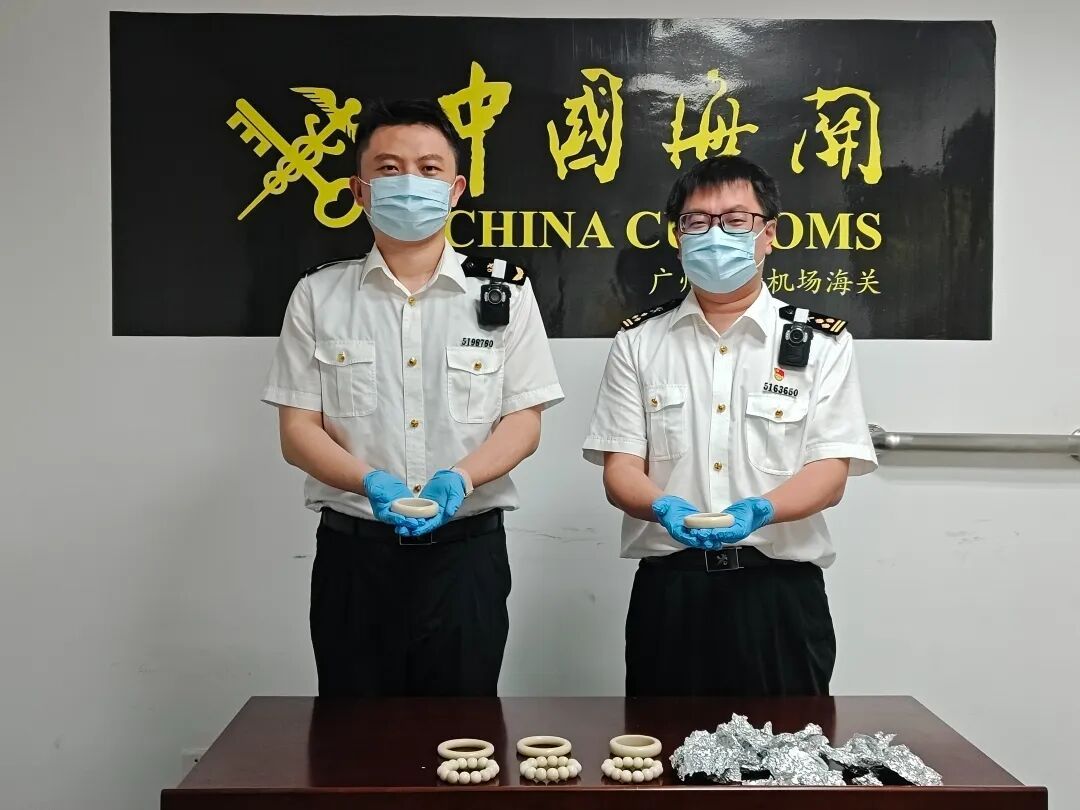 旅客用锡纸包裹多个象牙手镯、手串，被广州海关当场查获
