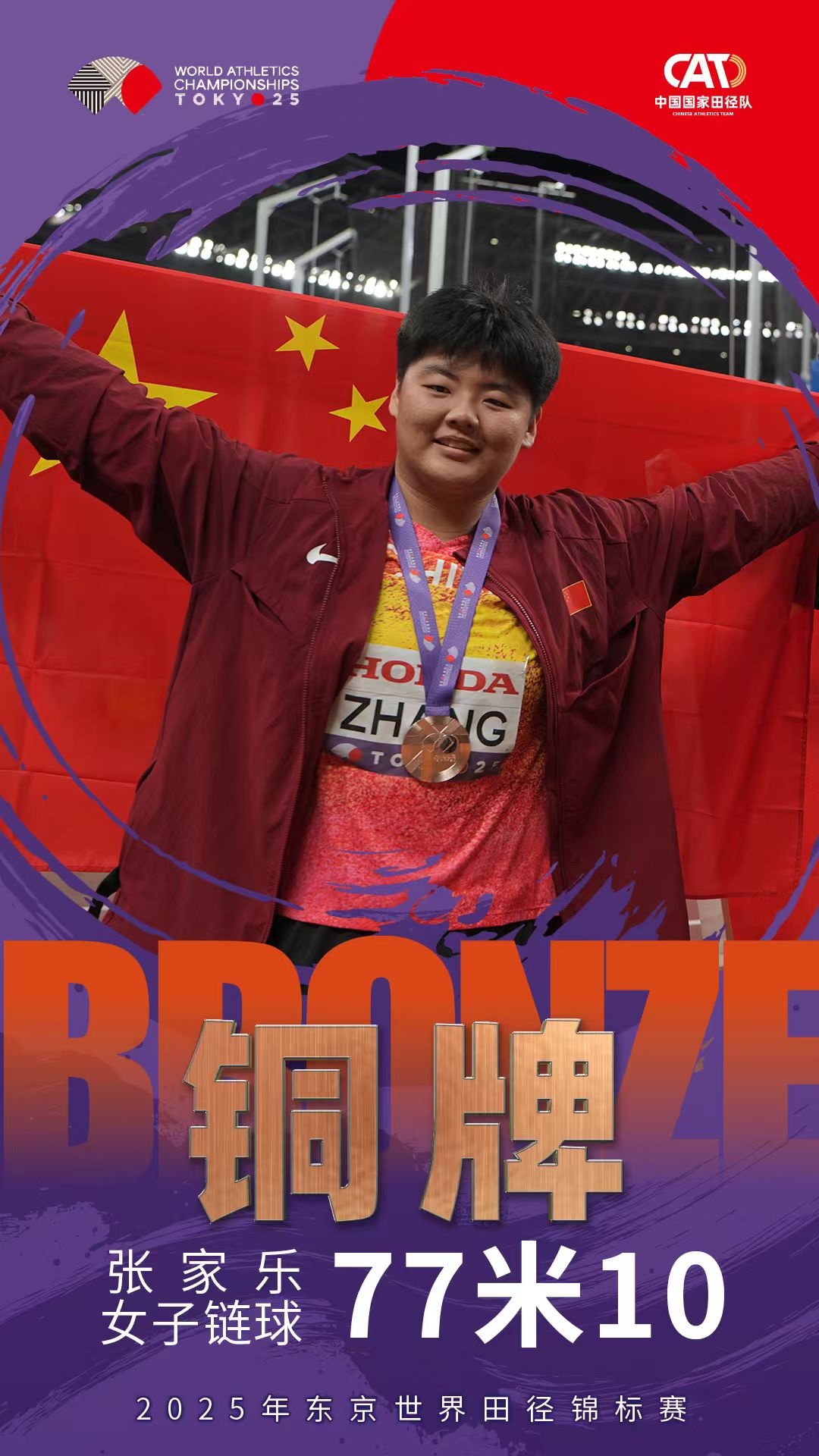 赵杰、张家乐夺得东京田径世锦赛女子链球银、铜牌