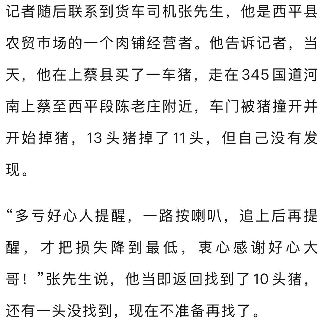 货车拉13头猪两公里路程有11头“越狱”，后车鸣笛狂追提醒，已找回10头