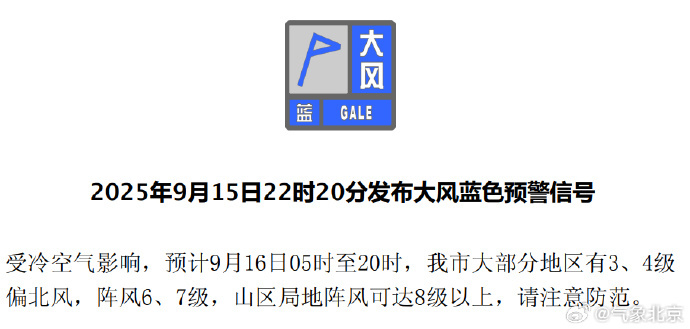 局地阵风可达8级以上！北京市发布大风蓝色预警