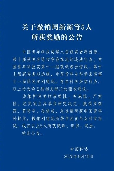 中国科协通报撤销5人奖项