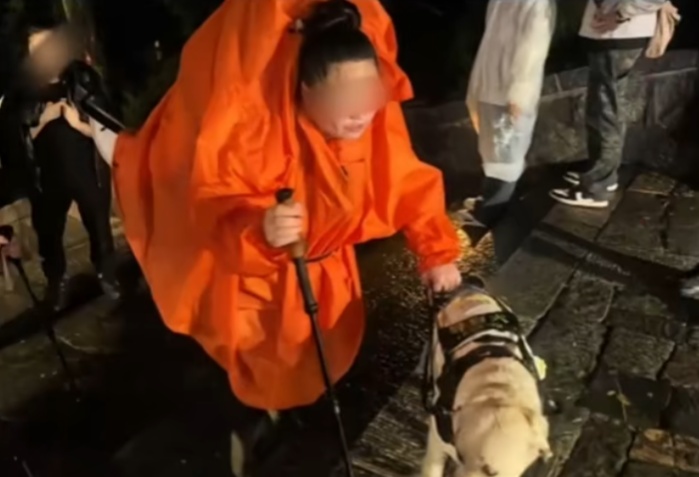视障人士携导盲犬雨夜爬泰山引争议，基地已派专车收回犬只