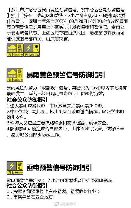 深圳市扩展分区暴雨黄色预警信号、发布分区雷电预警信号