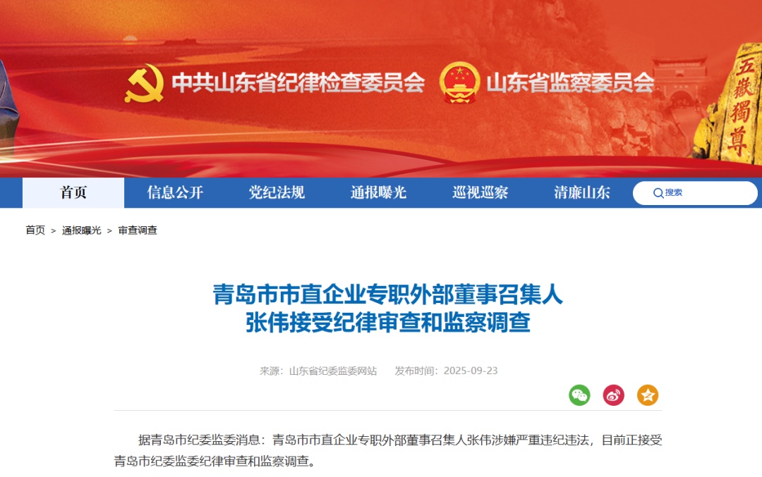 涉嫌严重违纪违法，张伟被查！山东省纪委监委网站通报