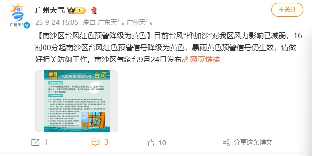 广州11区台风预警降级，24日至25日上午将出现严重风暴增水过程