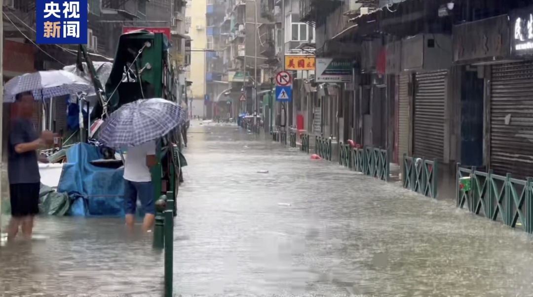 台风“桦加沙”过境，澳门海水大范围涌入内陆！鱼群被冲上马路，街坊纷纷上街摸鱼，有人抓到的鱼比两个头还大