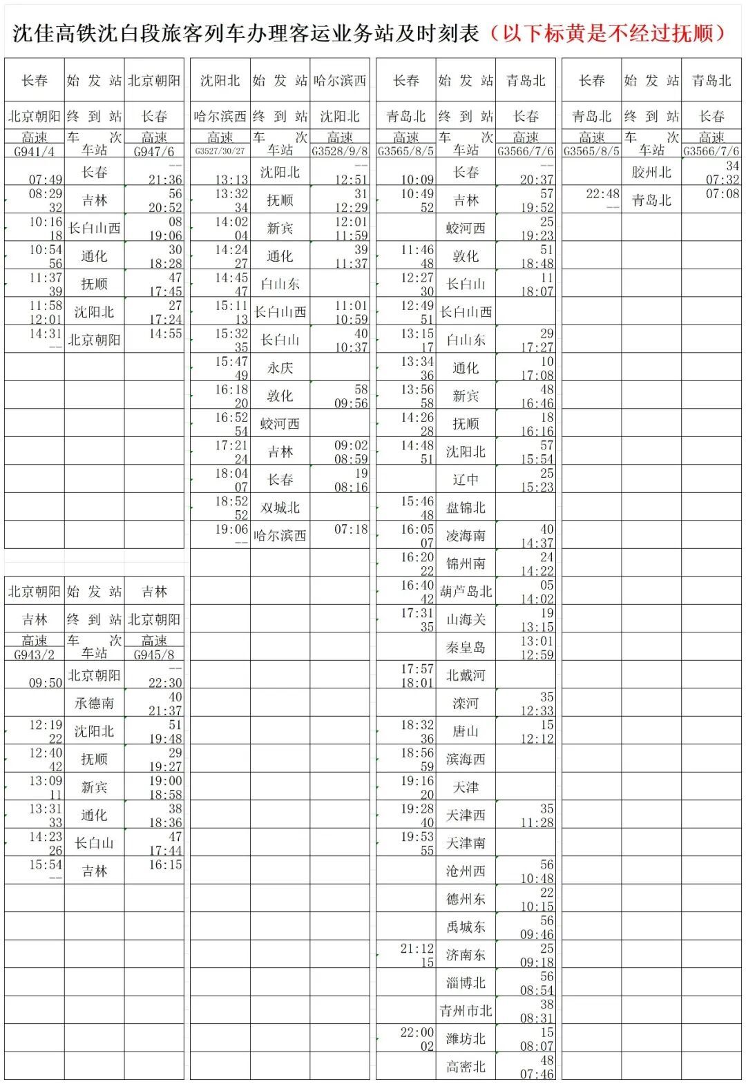 沈白高铁列车时刻表出炉