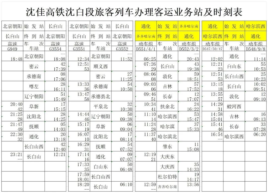 沈白高铁列车时刻表出炉