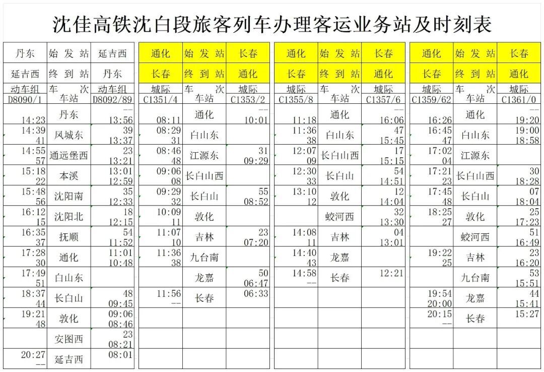 沈白高铁列车时刻表出炉