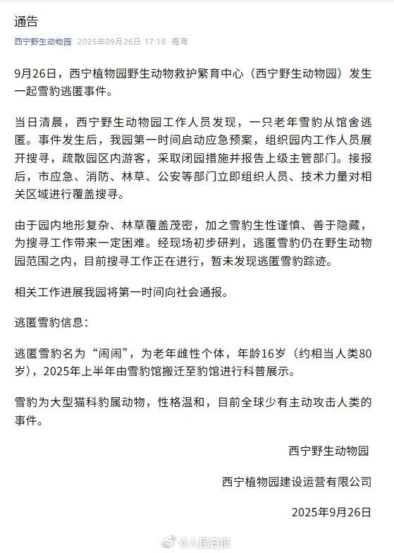 西宁野生动物园一雪豹逃匿,名为“闹闹” 西宁野生动物园一雪豹逃匿,名为“闹闹”