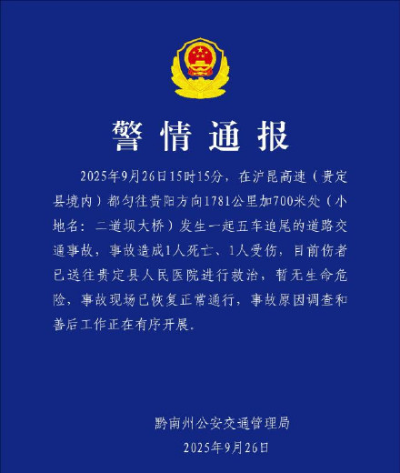 警方通报贵州五车追尾1死1伤 警方通报贵州五车追尾1死1伤