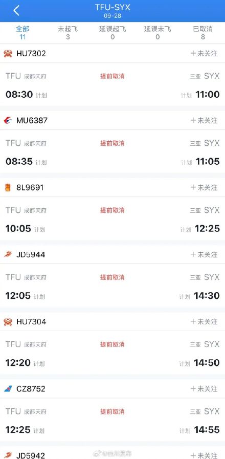 受超强台风影响，成都飞三亚航班几乎全部取消