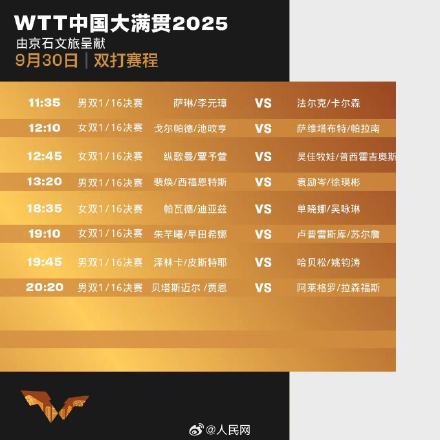 WTT中国大满贯30日重点赛程
