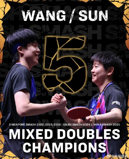 王楚钦孙颖莎握手庆祝混双五冠王