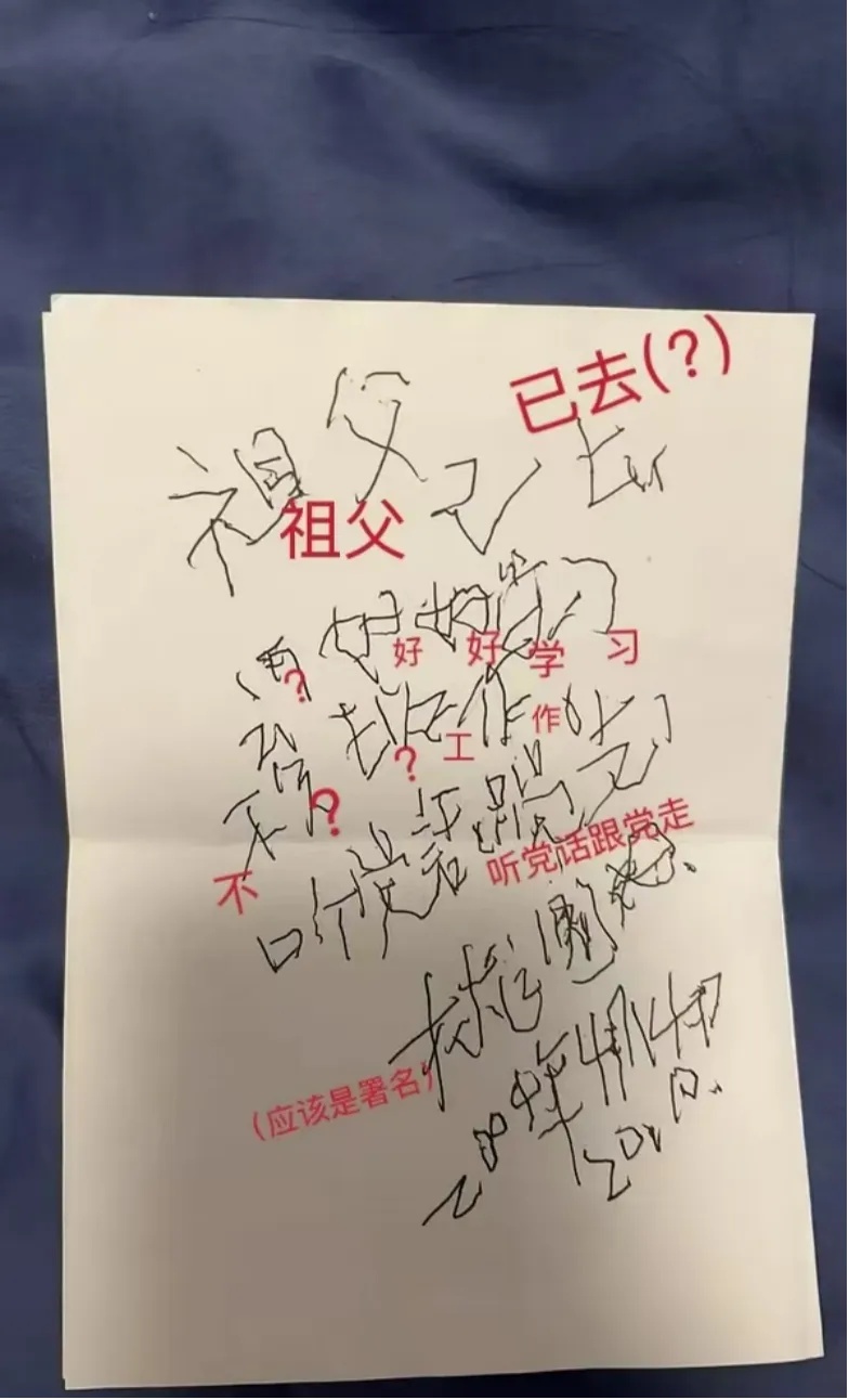 "这是奶奶去世前写的字，想请朋友们帮忙辨认一下…"