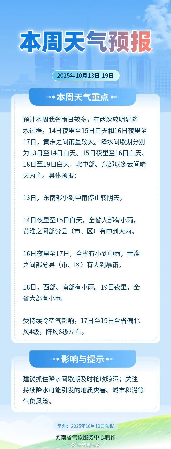 河南明天多地有雨，局部中到大雨，本周还有2次降水，阴雨或持续到10月下旬