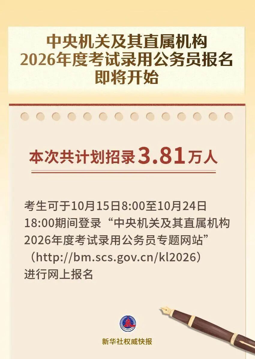 2026年度国考:10月15日起报名,计划招录3.81万人 2026年度国考:10月15日起报名,计划招录3.81万人