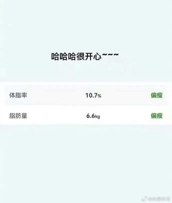 吴艳妮公布自己的体脂率:体脂率10.7%,脂肪量6.6kg,分析结果显示其“偏瘦” 吴艳妮公布自己的体脂率:体脂率10.7%,脂肪量6.6kg,分析结果显示其“偏瘦”
