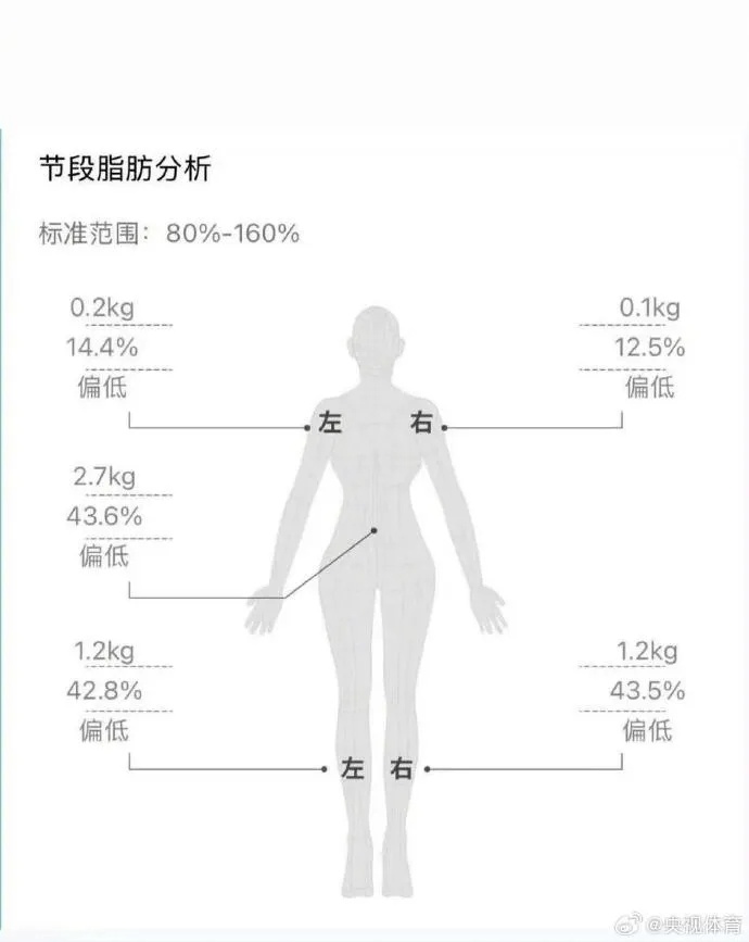 吴艳妮公布自己的体脂率:体脂率10.7%,脂肪量6.6kg,分析结果显示其“偏瘦” 吴艳妮公布自己的体脂率:体脂率10.7%,脂肪量6.6kg,分析结果显示其“偏瘦”