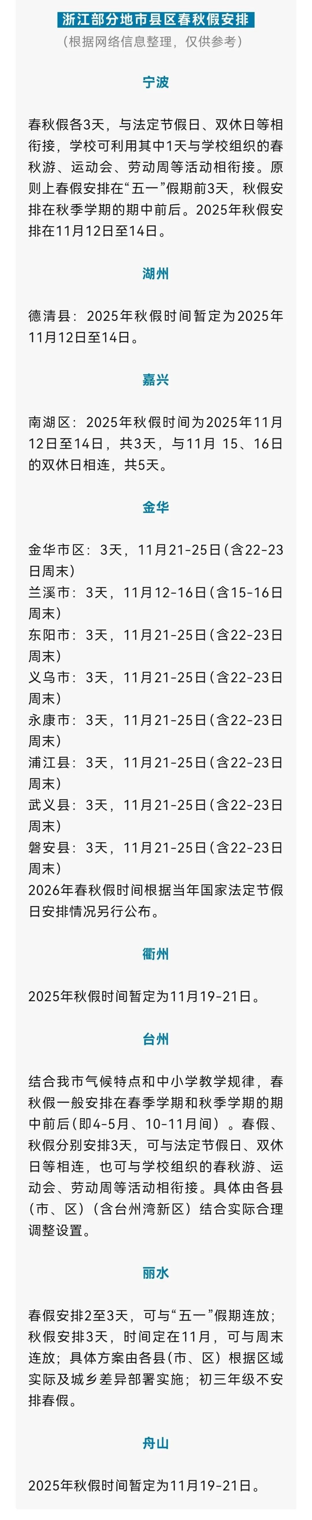 羡慕了！多地公布11月秋假放假时间，有中小学生可连休5天