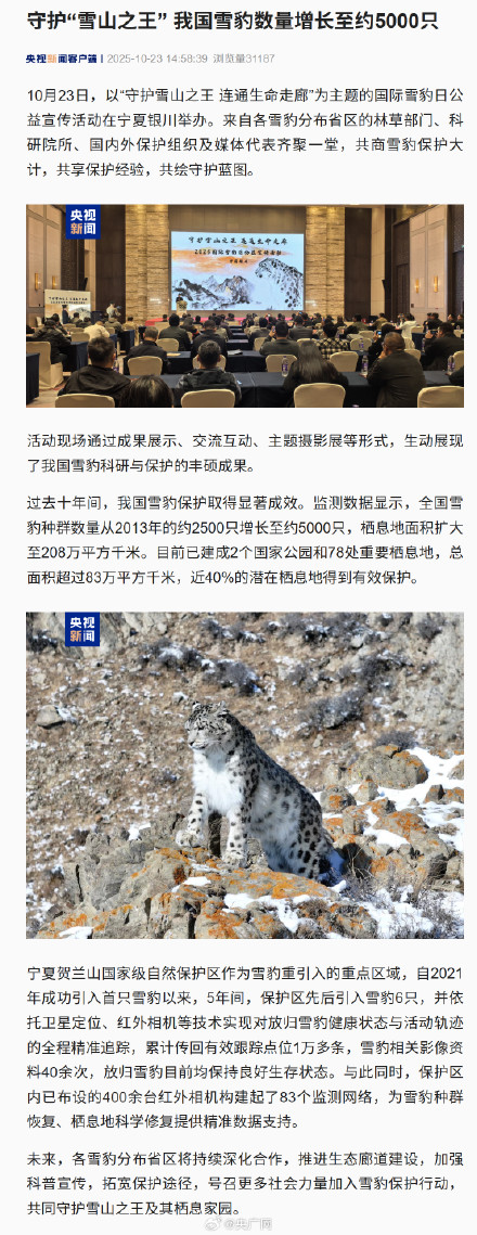 我国雪豹数量增长至约5000只