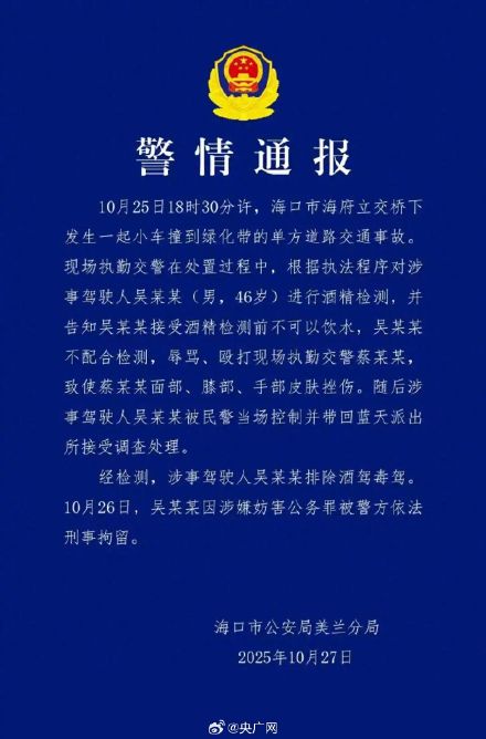 海口通报男子辱骂殴打执勤交警
