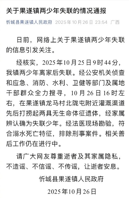 广西忻城通报两少年离家后失联：遗体已找到，排除刑案