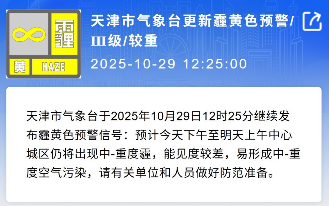 天津发布气象预警！