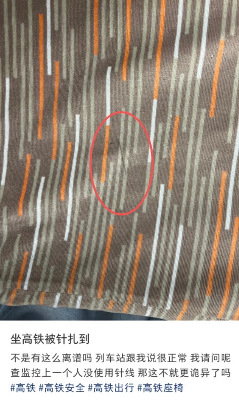 高铁座椅上有绣花针？当事人：曾感到一丝刺痛，但当时并未在意，12306回应
