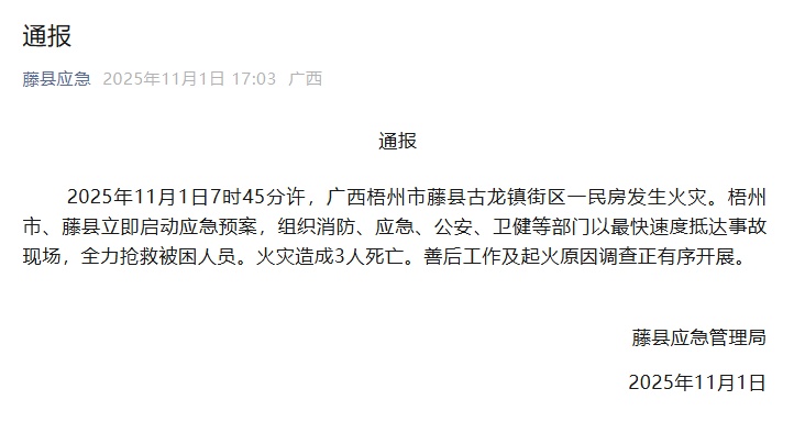 广西梧州一民房火灾致3死,官方再通报:初步认定为电气故障引燃 广西梧州一民房火灾致3死,官方再通报:初步认定为电气故障引燃