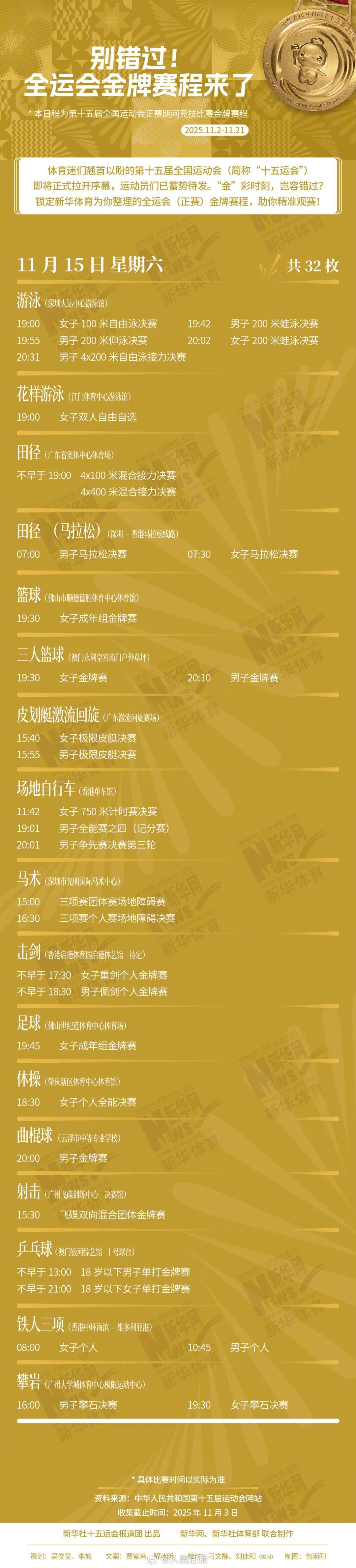 别错过！十五运会金牌赛程来了