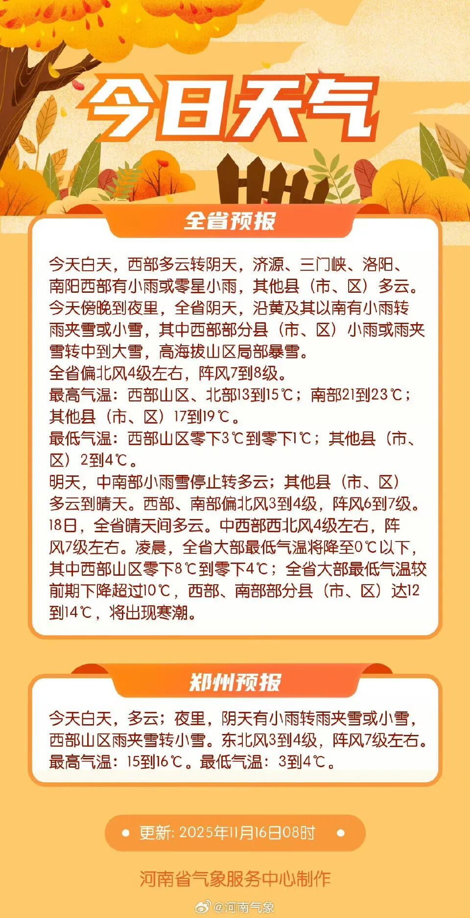 降温+雨雪+大风,河南大部气温将跌破0℃ 降温+雨雪+大风,河南大部气温将跌破0℃