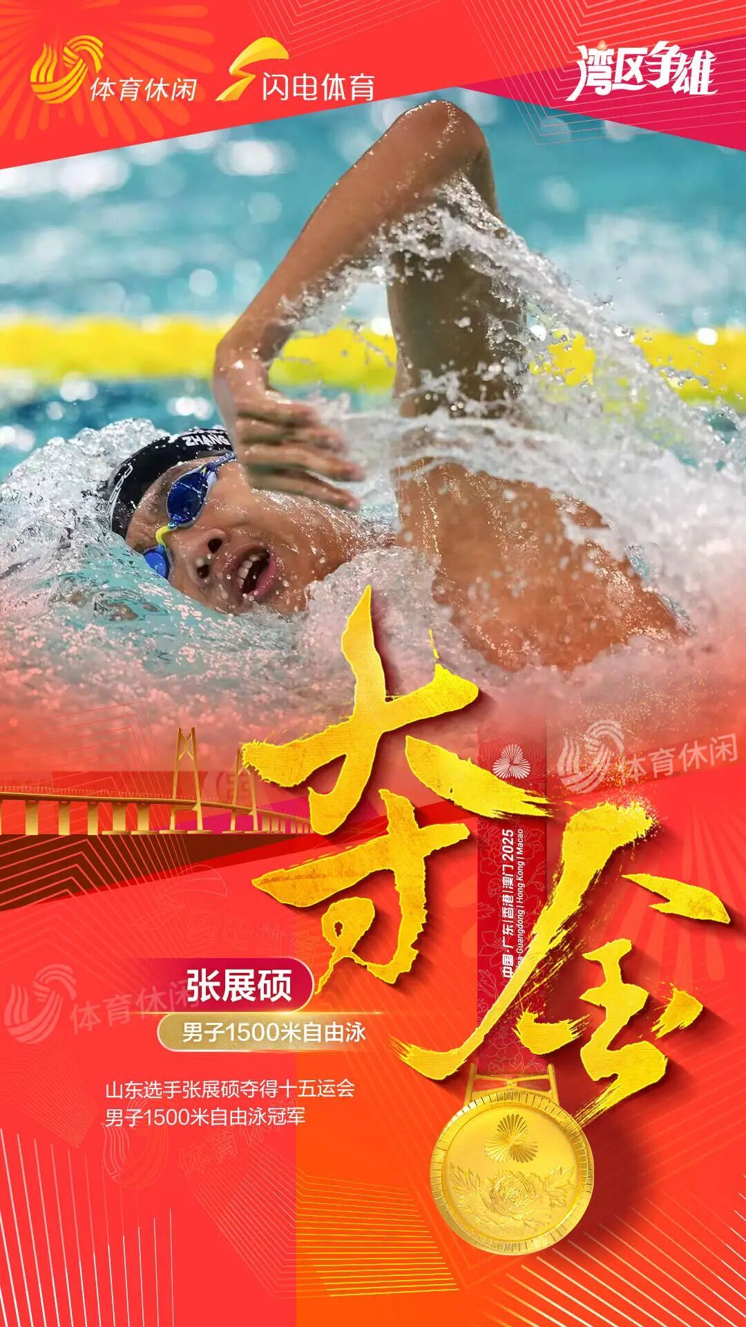 个人第五金!张展硕夺男子1500米自由泳冠军 个人第五金!张展硕夺男子1500米自由泳冠军