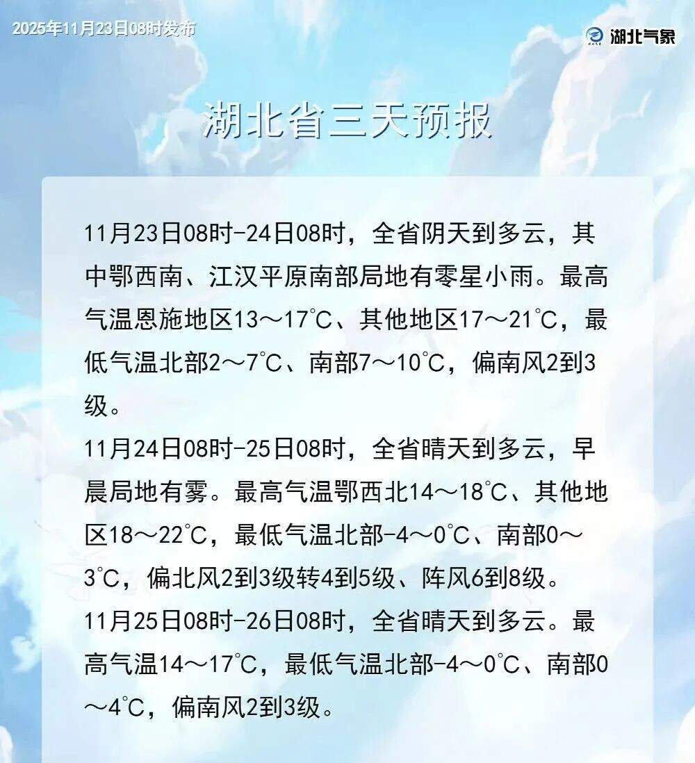 低温降至0℃！湖北将迎两股强冷空气