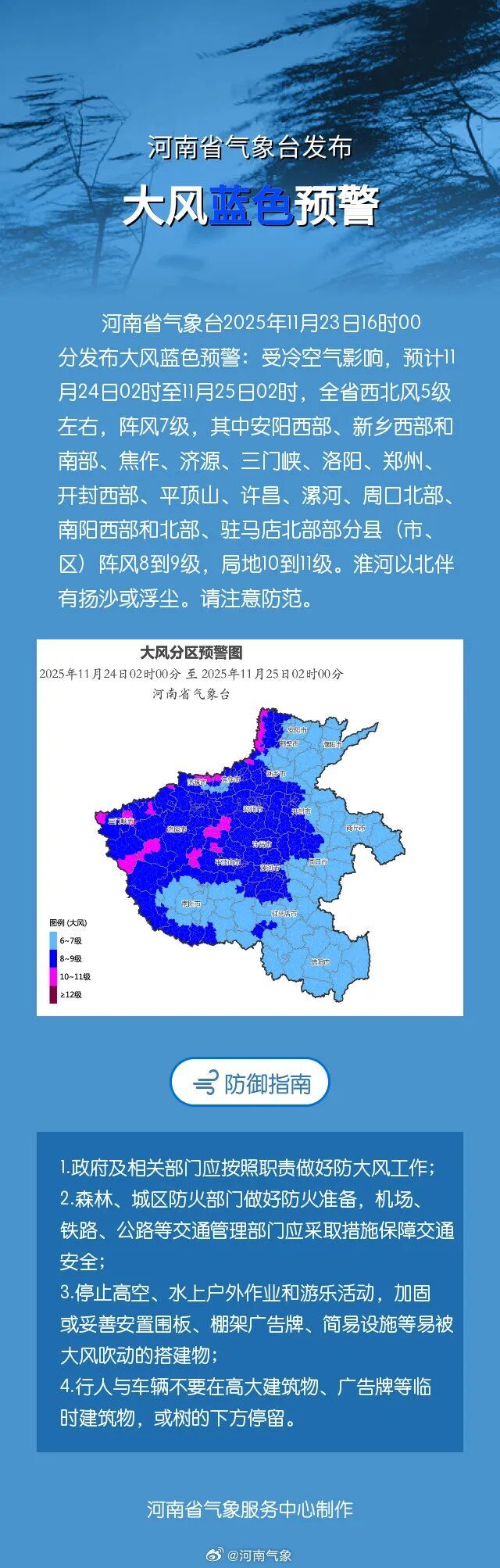 局地阵风10到11级！河南发布大风蓝色预警