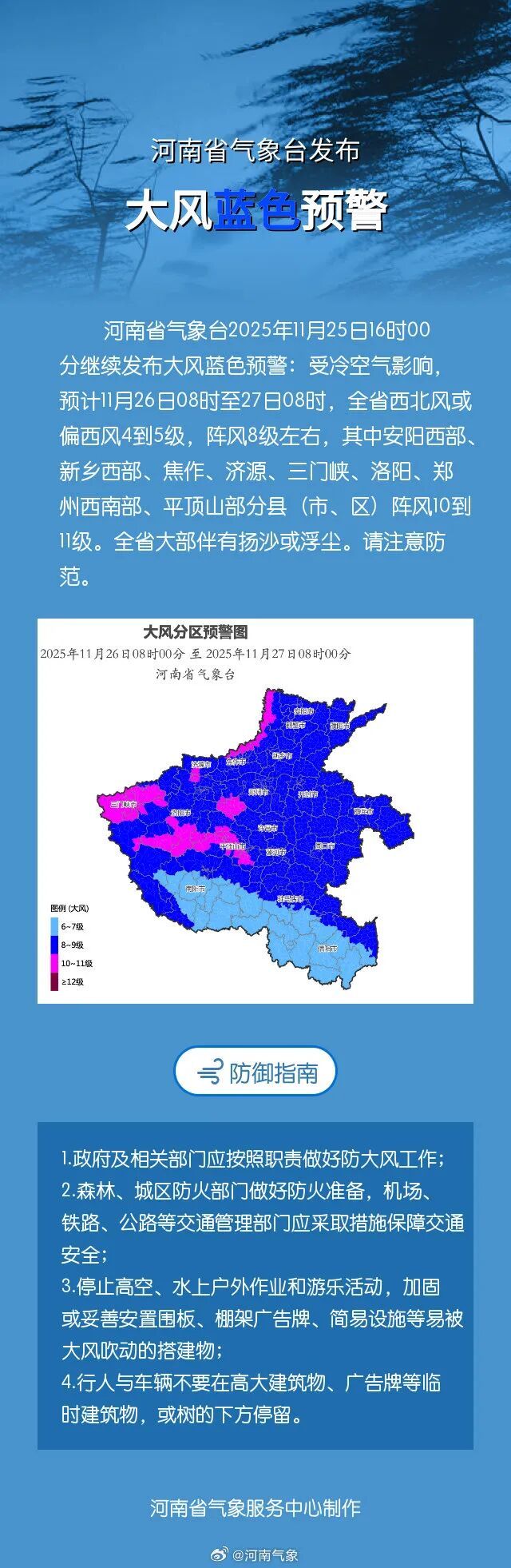 阵风10至11级！河南继续发布大风蓝色预警