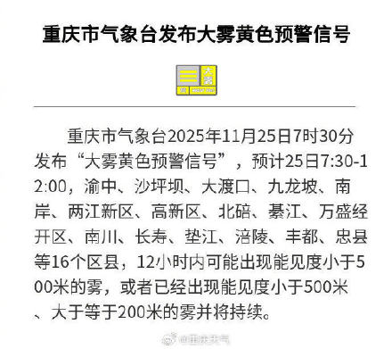重庆发布大雾黄色预警信号 ,涉及16个区县 重庆发布大雾黄色预警信号 ,涉及16个区县