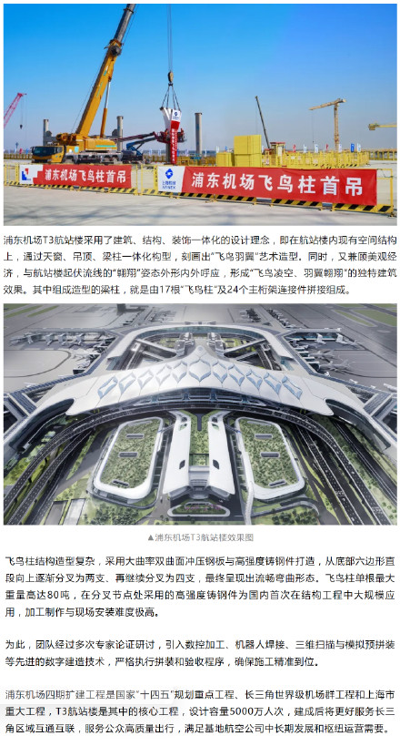 浦东机场T3航站楼首根“飞鸟柱”完成吊装，国际主楼迎来关键节点