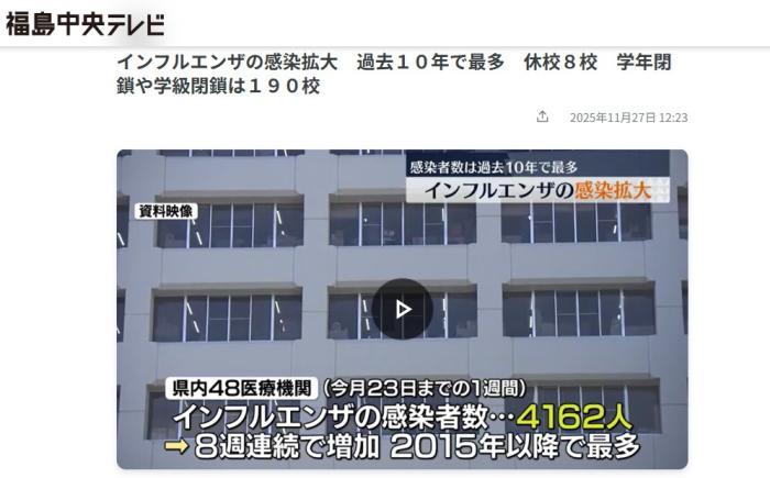 日本福岛县流感疫情蔓延 感染人数达十年来最高水平