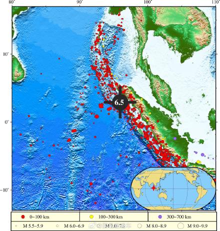 印尼苏门答腊岛北部西岸远海海域发生6.5级地震，或引发局地海啸