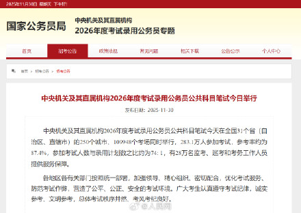 国考笔试参加人数283.1万 国考笔试参加人数283.1万