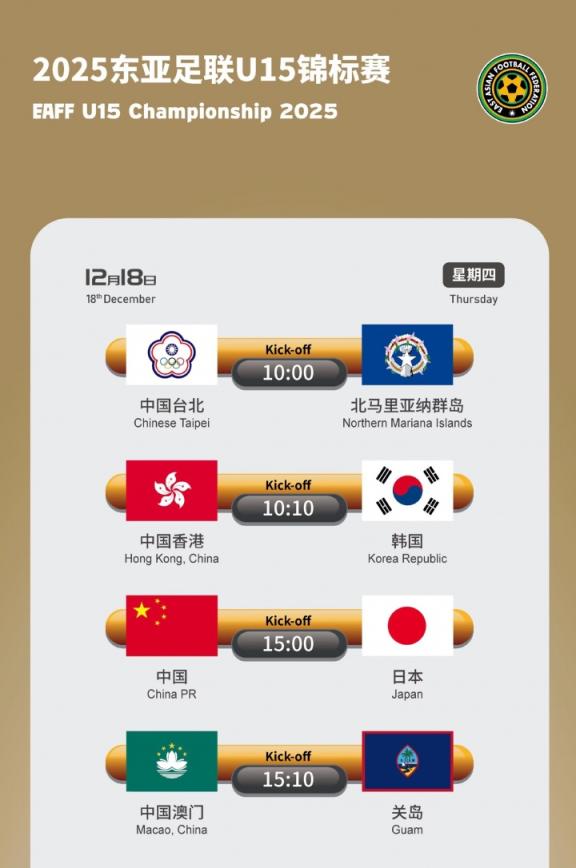 中日韩三队同组 东亚足联U15锦标赛本月举办