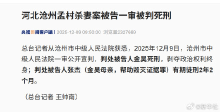 沧州杀妻案被告金昊一审死刑