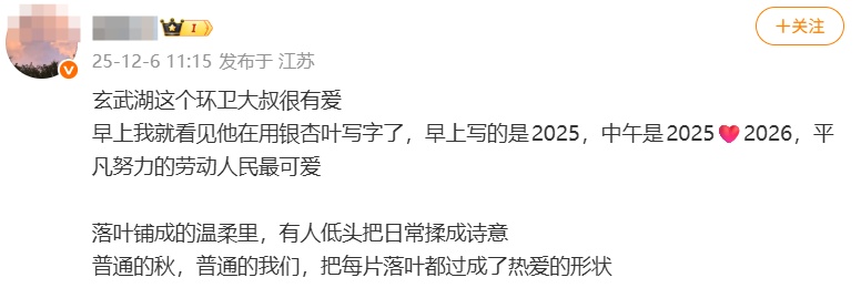 “工作没有磨灭浪漫”，南京环卫工人将落叶扫成打卡点，网友：这是他给秋天的一封信