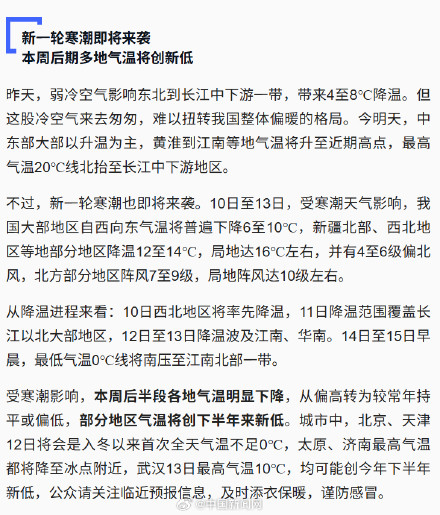 寒潮来袭!本周后半段降温明显 大范围雨雪要来了 寒潮来袭!本周后半段降温明显 大范围雨雪要来了