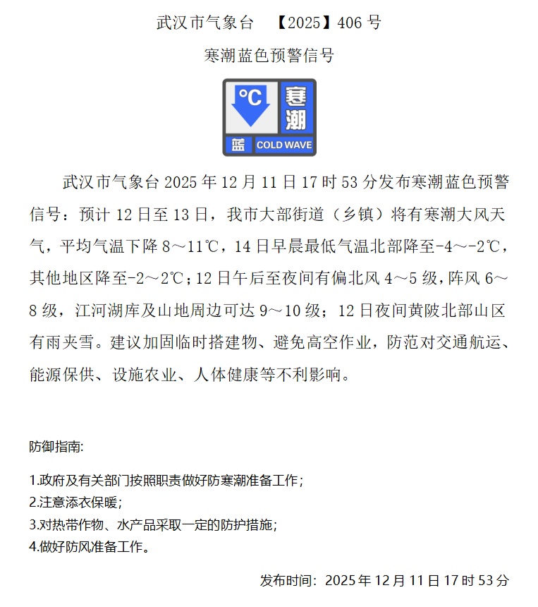-4℃+10级大风，来势汹汹！降温+雨雪+沙尘，武汉发布寒潮预警