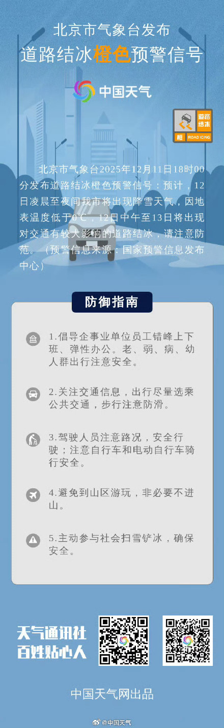 北京发布暴雪蓝色预警+道路结冰橙色预警
